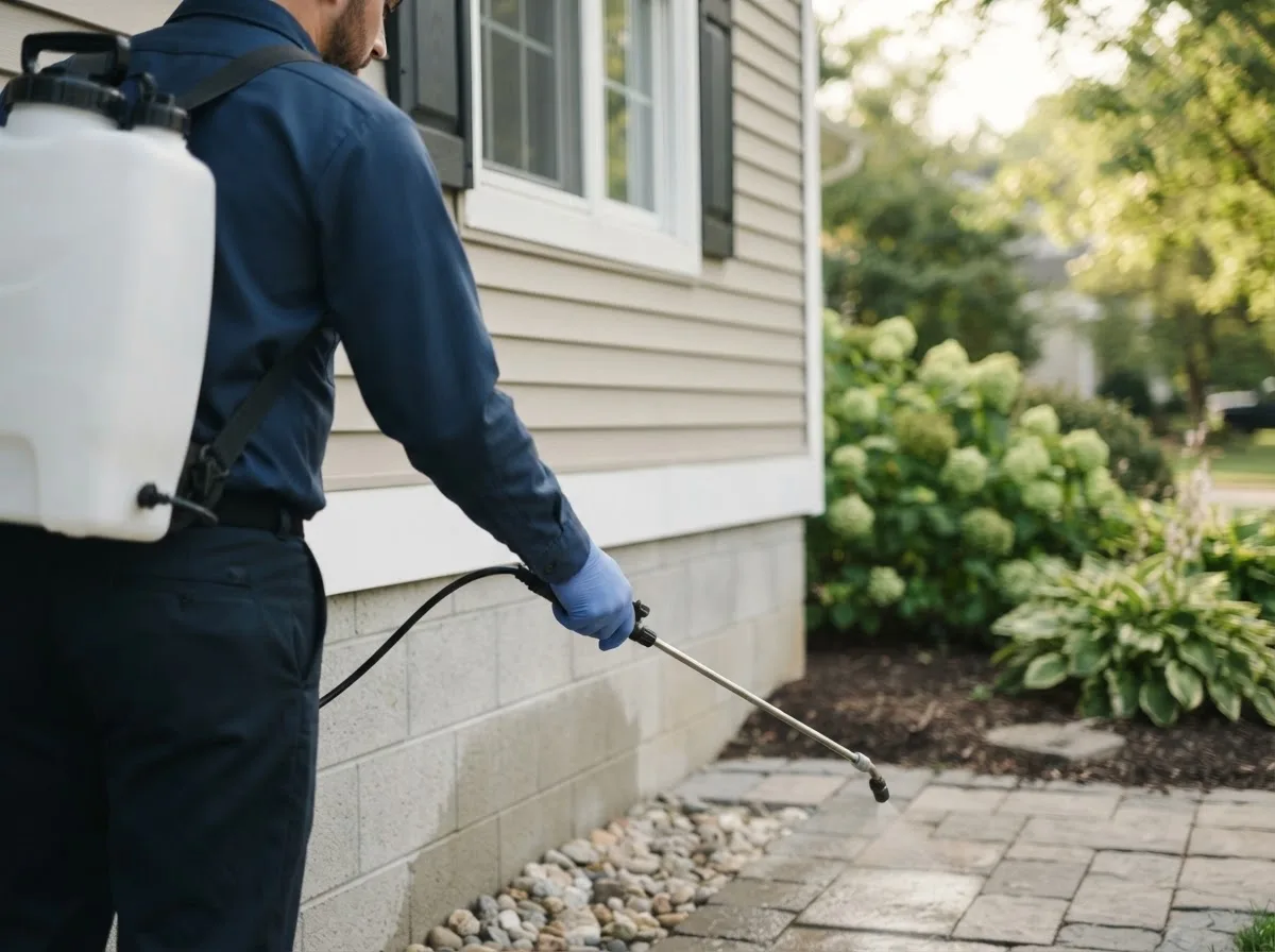 Pest control technician inspecting a home in Springfield Center, NY